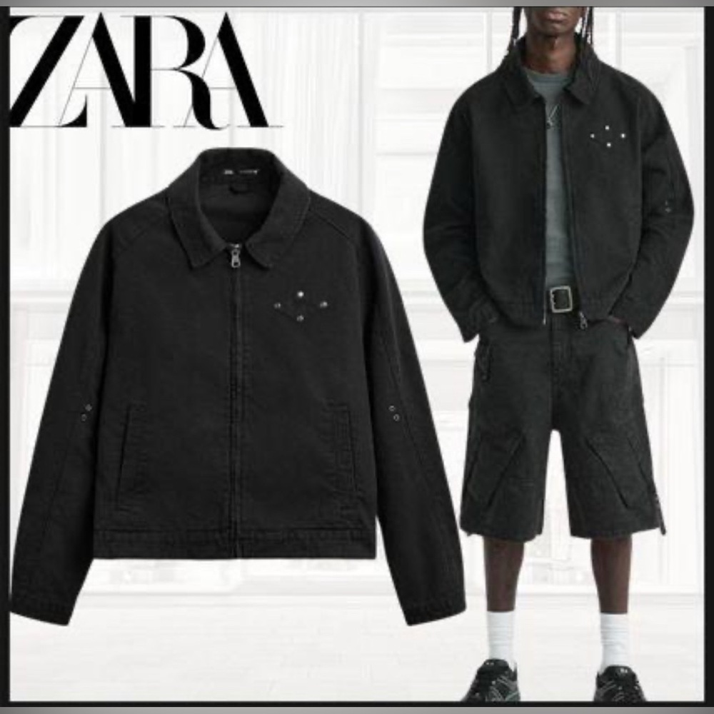 Zara Black Washed Denim Jacket with Studs – Size Large (Men’s)